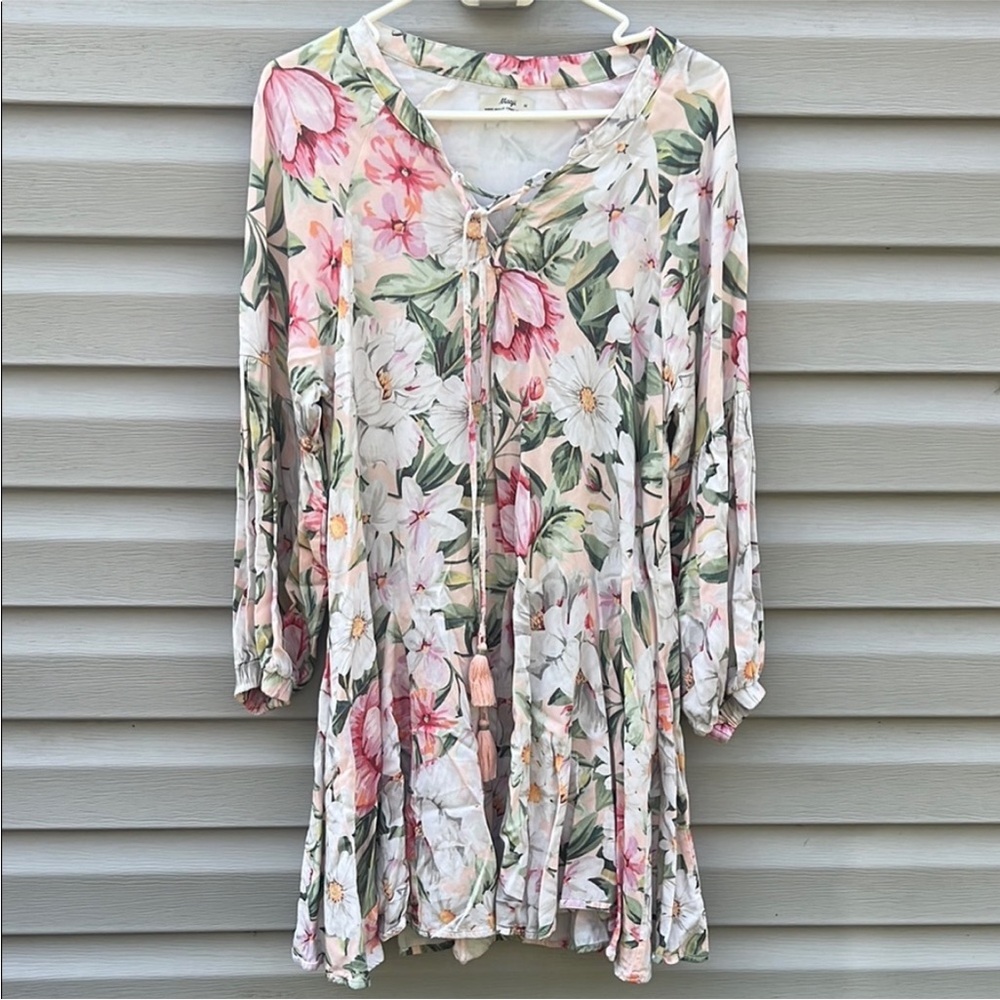 Maaji | Hawaiian Floral Long Sleeve Dress size Medium. Tie front with tassel